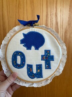 Vintage “Pig Out” Floral Quilted Hoop Art